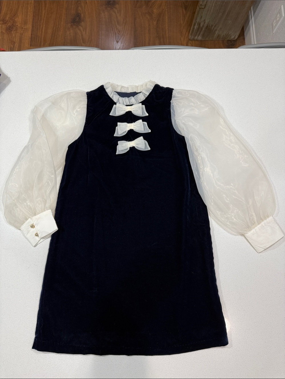 Janie and Jack Girls Deep Navy Velvet Dress with White Organza Sleeves and Bows
